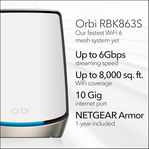 نظام NETGEAR Orbi Tri-Band WiFi 6 Mesh (RBK863SB) - جهاز التوجيه + 2 موسعات الأقمار الصناعية - تغطية تصل إلى 8000 قدم مربع، 100 جهاز - منفذ إنترنت 10 جيجا - درع لمدة عام - AX6000 (حتى 6 جيجابت في الثانية) - أسود in Saudi Arabia