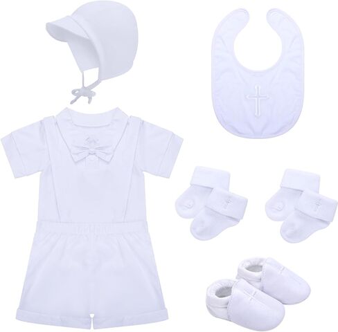 مجموعة ملابس تعميد للأطفال من 6 قطع تتضمن ربطة عنق وحمالات وسروال قصير أبيض مطرز بقبعة مريلة وأحذية وجوارب للأطفال الرضع والأطفال الصغار وحفلات التعميد in Kuwait