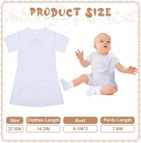 مجموعة ملابس تعميد للأطفال من 6 قطع تتضمن ربطة عنق وحمالات وسروال قصير أبيض مطرز بقبعة مريلة وأحذية وجوارب للأطفال الرضع والأطفال الصغار وحفلات التعميد in Kuwait