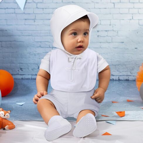 مجموعة ملابس تعميد للأطفال من 6 قطع تتضمن ربطة عنق وحمالات وسروال قصير أبيض مطرز بقبعة مريلة وأحذية وجوارب للأطفال الرضع والأطفال الصغار وحفلات التعميد in Kuwait