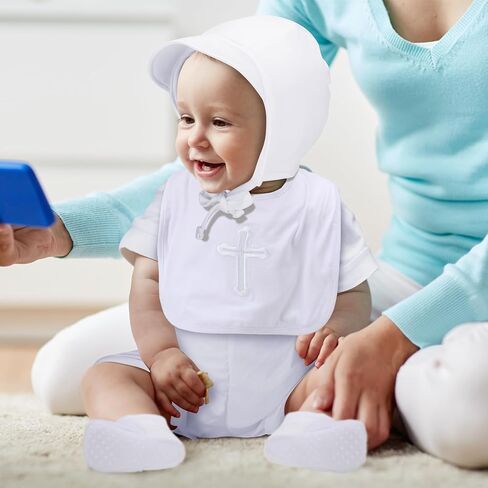 مجموعة ملابس تعميد للأطفال من 6 قطع تتضمن ربطة عنق وحمالات وسروال قصير أبيض مطرز بقبعة مريلة وأحذية وجوارب للأطفال الرضع والأطفال الصغار وحفلات التعميد in Kuwait