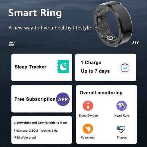 Smart Ring, Fitness Ring Health Tracker for Men/Women, Sleep Tracker Wearable, Fitness Tracker, Heart Rate, Blood Oxygen with Free Subscription, Support 6-7 Days Battery Life (Black, 10) in Saudi Arabia