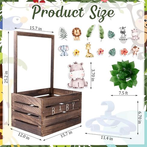 Baby Shower Crate Closet Set, Baby Basket with Handle, Baby Announcement Sign, Garland, Baby Hangers, Wooden Gift Crate for Pregnancy, New Parent (Jungle Animals) in Saudi Arabia