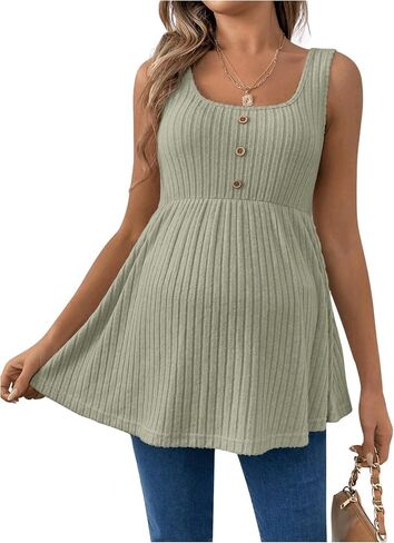MakeMeChic Women's Maternity Tank Tops Summer Rib Knitted Flared Hem Sleeveless Buttoned Pregnancy Shirt Tops in Saudi Arabia