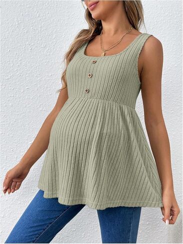 MakeMeChic Women's Maternity Tank Tops Summer Rib Knitted Flared Hem Sleeveless Buttoned Pregnancy Shirt Tops in Saudi Arabia