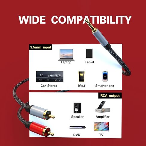 كابلات RCA، كابل RCA مجدول من النايلون بطول 100 قدم/30 متر إلى 3.5 مم، سلك ذكر إلى ذكر Aux إلى RCA Audio Y للهواتف الذكية، MP3، الأجهزة اللوحية، مكبرات الصوت، HDTV، تمديد كابل الصوت والفيديو RCA in Kuwait