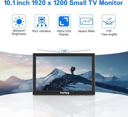 10.1 Inch Mini Small HDMI Monitor 1920x1200 16:10 IPS Metal Housing LCD Display Screen Support HDMI/VGA/AV/BNC Input with Remote Control Built-in Speakers for PC Security Camera RasPi in Kuwait