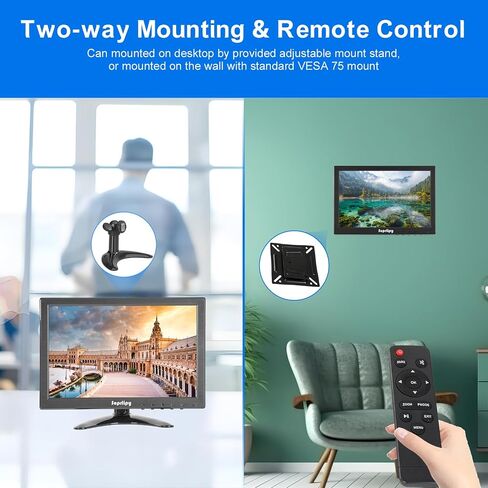 10.1 Inch Mini Small HDMI Monitor 1920x1200 16:10 IPS Metal Housing LCD Display Screen Support HDMI/VGA/AV/BNC Input with Remote Control Built-in Speakers for PC Security Camera RasPi in Kuwait