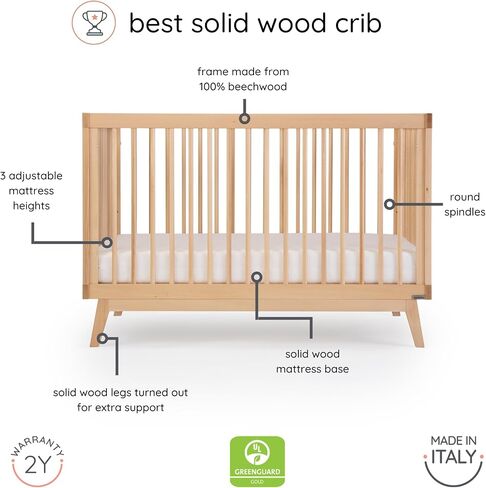 dadada Baby Soho 3 in 1 Convertible Wooden Crib to Toddler Bed - Made in Italy, GREENGUARD Gold Certified, Baby-Safe Finish, Sustainable Beech Wood, Modern Design, 3 Adjustable Heights (Natural Wash) in Saudi Arabia