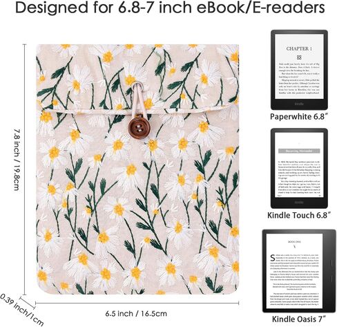 Embroidery Daisy Sleeve Pouch for 6.8-7 Inch eBook/E-Reader/Kindle Paperwhite (White Beige) in Saudi Arabia