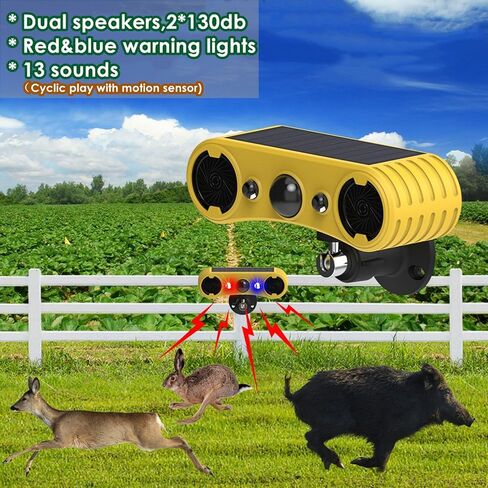 HULPPRE Solar Outdoor Motion Sensor Alarm-13 Sounds Including Dog Barking&Gunshot,2*130db Loud Noise Maker,4 Modes,Red&Blue Motion Activated Strobe Light,Say Goodbye to The Intruders in Kuwait