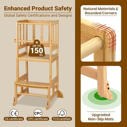 مقعد خطوة للمطبخ للأطفال من COSYLAND، مساعد حضانة برج واقف للأطفال الصغار قابل للتعديل مع شهادة CPC وFSC، حاجز أمان قابل للإزالة يتمتع ببراءة اختراع حصرية، الخيزران الطبيعي in Kuwait
