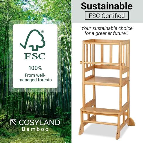 مقعد خطوة للمطبخ للأطفال من COSYLAND، مساعد حضانة برج واقف للأطفال الصغار قابل للتعديل مع شهادة CPC وFSC، حاجز أمان قابل للإزالة يتمتع ببراءة اختراع حصرية، الخيزران الطبيعي in Kuwait