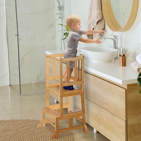 مقعد خطوة للمطبخ للأطفال من COSYLAND، مساعد حضانة برج واقف للأطفال الصغار قابل للتعديل مع شهادة CPC وFSC، حاجز أمان قابل للإزالة يتمتع ببراءة اختراع حصرية، الخيزران الطبيعي in Kuwait
