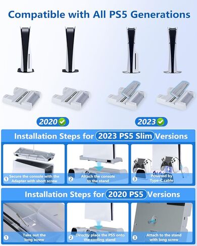 HUO JI PS5 / PS5 Slim Stand and Cooling Station with LED Controller Charging Station for Playstation 5 Console, PS5 Controller Charger, PS5 / PS5 Slim Accessories with 3 Level Cooling Fan x2 in Kuwait