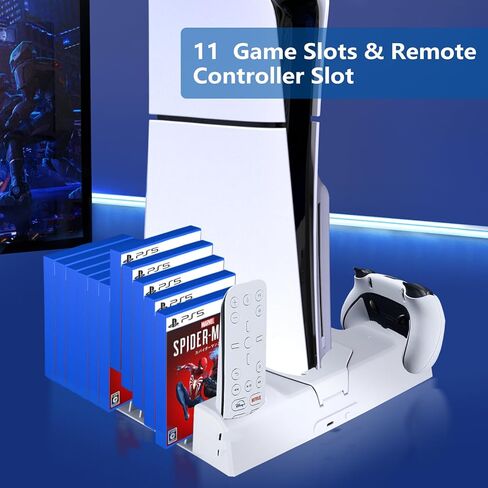 HUO JI PS5 / PS5 Slim Stand and Cooling Station with LED Controller Charging Station for Playstation 5 Console, PS5 Controller Charger, PS5 / PS5 Slim Accessories with 3 Level Cooling Fan x2 in Kuwait
