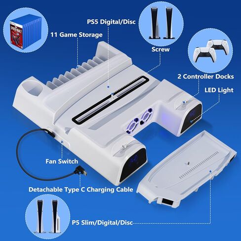 HUO JI PS5 / PS5 Slim Stand and Cooling Station with LED Controller Charging Station for Playstation 5 Console, PS5 Controller Charger, PS5 / PS5 Slim Accessories with 3 Level Cooling Fan x2 in Kuwait