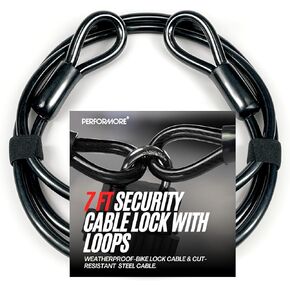 Performore Security Cable - 7 Foot Heavy Duty Security Cable - 1/2 Inch Thick Coated Cable with Looped Ends - Comes in a Waterproof Bag (Black)