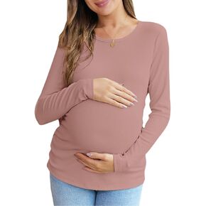 Women's Maternity Fall Tops Long Sleeve Crew Neck Ribbed Knit Slim Fitted Blouse Side Ruched Pregnancy Shirts in Kuwait