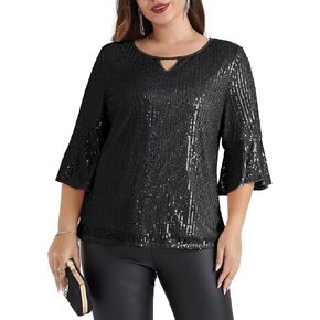 Hanna Nikole Women's Sequin Party Blouse Tops Crew Neck 3/4 Split Sleeve Sparkly Glitter Party Cocktails Tops Plus Size Tops