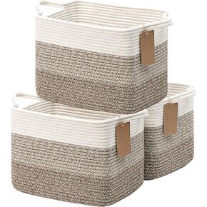 Goodpick Baskets for Organizing, Woven Storage Baskets for Shelves, Baby Gift Basket for Nursery, Toy Baskets Storage Kids, Decorative Basket 3 Pack, White & Brown, 13 x 10 x 9 Inches