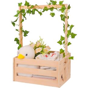 Wooden Baby Shower Crate Closet, Baby Shower Basket with Handle Hanger Rack String Lights Welcome Gift Basket Wooden Crate for Baby Shower Newborn Boys Girls Pregnancy Gifts for New Parents-16.93" L