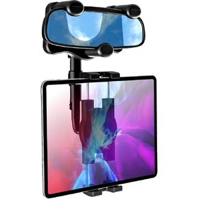 Rearview Mirror Tablet Mount for Car Truck [Rotatable & Retractable] Rear View Mirror Clip Phone Tablet Holder Upgraded 4 Corners for Pro Air Mini, Galaxy Tab, iPhone, 4-11" Devices