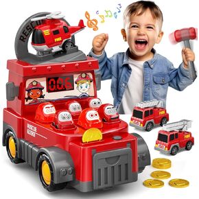 Doloowee 2 in 1 Whack Game Mole Toy for Toddlers,Fire Truck Toy for Kids 3 4 5 6 7 8 with 2 Fire Engine Car 1 Helicopter Mini Electronic Arcade Game Pounding Toys for Boys Girls Birthday
