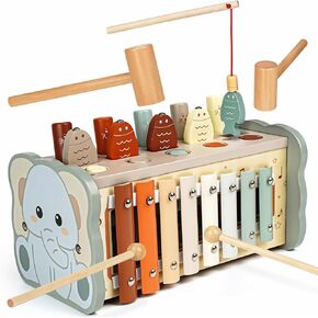 Joyreal Wooden Montessori Toys for 1+ Year Old - Whack A Mole Hammering Pounding Toy with Xylophone & Fishing Game - Educational Toddler Activities for 1 2 3 Year Old Christmas Birthday Gifts