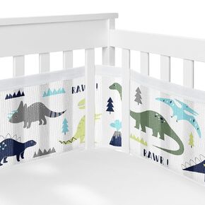 Sweet Jojo Designs + BreathableBaby Blue Green Modern Dinosaur Boy Breathable Mesh Crib Liner Baby Infant Turquoise Navy Mod Dino Dinosaurs Prehistoric Boho Bohemian Grey and White Volcano