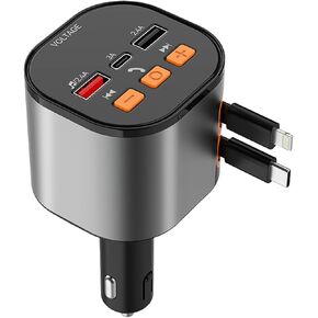Bluetooth FM Transmitter, Retractable Car Charger 166W Fast Charging Built-in Dual Retractable Cords, Radio Bluetooth Transmitter for Car with Hands-Free Calling & MP3 Player, Support USB Flash Drive