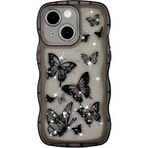 Compatible with iPhone 14 Cute Wave Frame Curly Bling Clear Case [ Senior Butterfly Pattern ] [ Luxury Shockproof Protection ] iPhone 14 Black Case for Women Girls