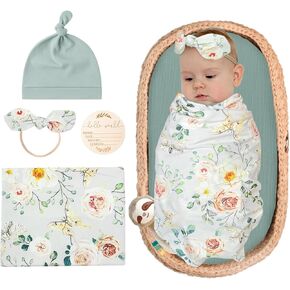 Baby Girl Newborn Swaddle Blanket, Receiving Blankets with Headband and Beanie Set for Baby Boys Nursery Swaddle Wrap