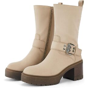Coutgo Women’s Mid Calf Boots Platform Chunky Heel Booties Buckle Zipper Winter Motorcycle Boot Shoes