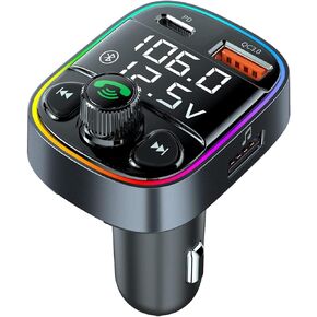 Bluetooth Car Adapter, Wireless FM Transmitter Bluetooth for Car with 7 Color LED Backlit, QC 3.0 & Type-C PD Fast Charging, Hands Free Calling, Support U Disk & TF Card