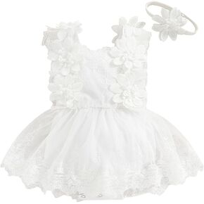 Infant Newborn Baby Girl Lace Romper Tulle Dress Floral Outfits Summer Toddler Wedding Dress with Headband in Saudi Arabia