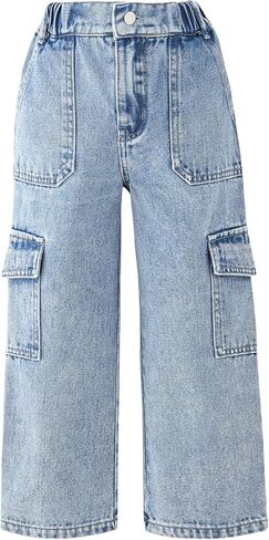Floerns Toddler Girl's Elastic Waist Flap Pocket Wide Leg Jeans Pants in Saudi Arabia