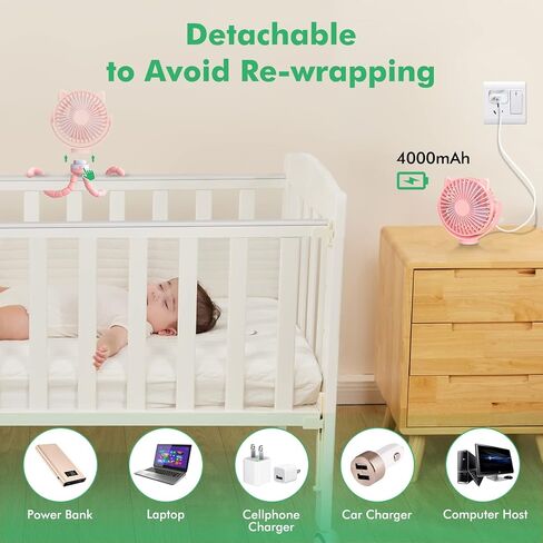 Rechargeable Portable Stroller Fan - Clip on Baby Fan 4000mAh Battery Operated with 4 Speeds, Detachable and 720° Rotatable Flexible Tripod Cooling Fan for Carseat/Crib/Treadmill (New Black) in Saudi Arabia