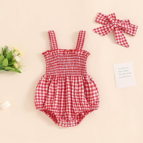 Newborn Baby Girl Romper Summer Sleeveless Smocked Cotton Linen Clothes Outfit with Headband in Saudi Arabia