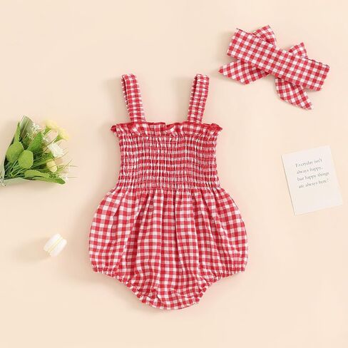 Newborn Baby Girl Romper Summer Sleeveless Smocked Cotton Linen Clothes Outfit with Headband in Saudi Arabia