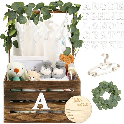 Barydat Wooden Baby Shower Crate Closet Basket with Handle Baby Announcement Sign Garland Hangers Large Letter, Wooden Gift Crate, Letters for Pregnancy New Parent Party(Brown) in Saudi Arabia