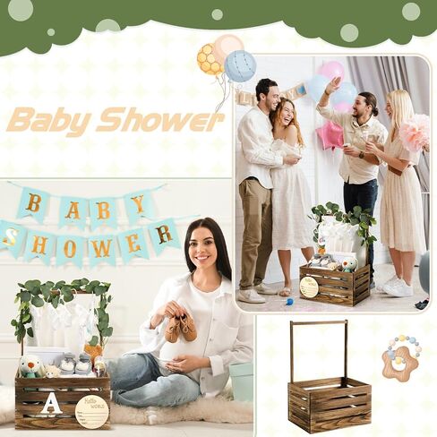 Barydat Wooden Baby Shower Crate Closet Basket with Handle Baby Announcement Sign Garland Hangers Large Letter, Wooden Gift Crate, Letters for Pregnancy New Parent Party(Brown) in Saudi Arabia
