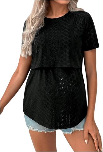 Verdusa Women's Maternity Short Sleeve Nursing Top Hollow Out Casual Pregnancy T Shirt in Saudi Arabia