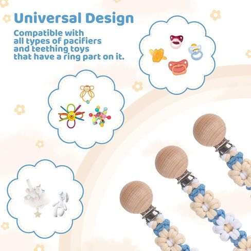 Pacifier Clip for Boys Girls Floral Daisy Macrame Baby Paci Clip Pacifier Holder Leash Boho Wooden Clips Handmade Braided Cotton Binky Clips (1pack:Light Yellow Daisy B) in Saudi Arabia