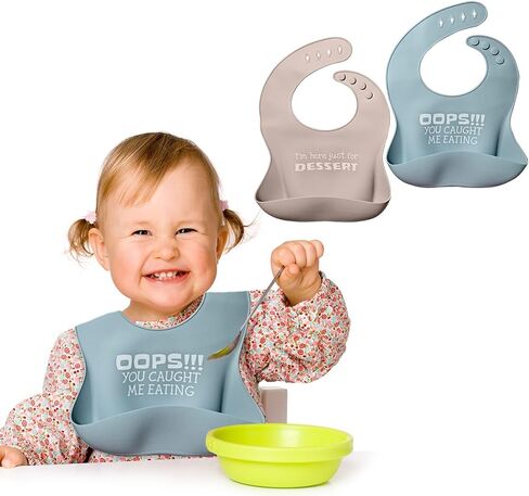 Set of 2 Waterproof Silicone Baby Bibs | Mess-Free Mealtime, Adjustable Buttons, Extra-Wide Pocket | in Saudi Arabia