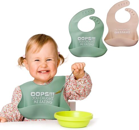 Set of 2 Waterproof Silicone Baby Bibs | Mess-Free Mealtime, Adjustable Buttons, Extra-Wide Pocket | in Saudi Arabia