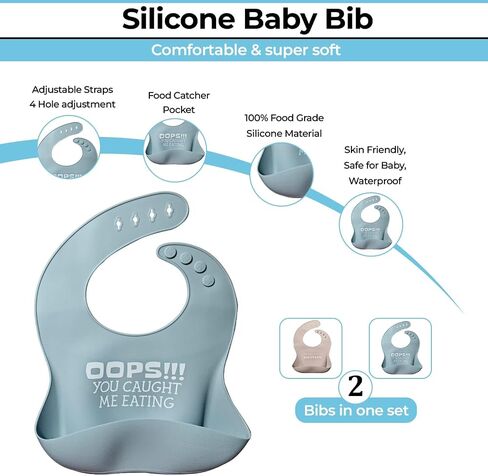 Set of 2 Waterproof Silicone Baby Bibs | Mess-Free Mealtime, Adjustable Buttons, Extra-Wide Pocket | in Saudi Arabia