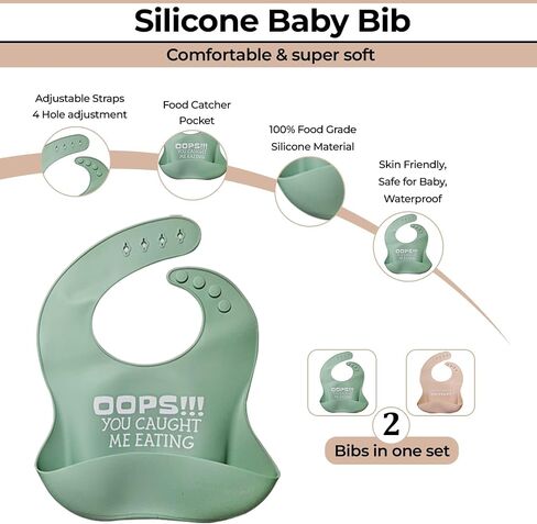 Set of 2 Waterproof Silicone Baby Bibs | Mess-Free Mealtime, Adjustable Buttons, Extra-Wide Pocket | in Saudi Arabia