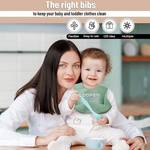 Set of 2 Waterproof Silicone Baby Bibs | Mess-Free Mealtime, Adjustable Buttons, Extra-Wide Pocket | in Saudi Arabia