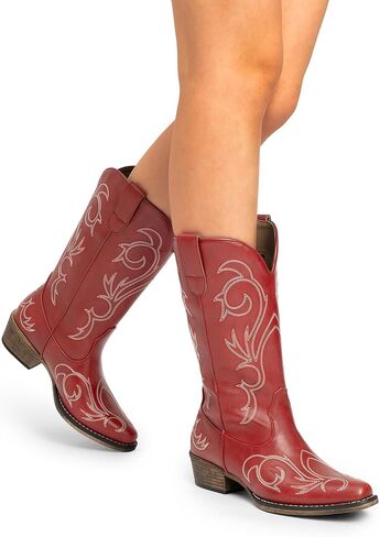 DREAM PAIRS المرأة أحذية رعاة البقر منتصف العجل أحذية راعية البقر ساحة تو كعب مكتنزة التطريز مخيط الأحذية الغربية in Kuwait